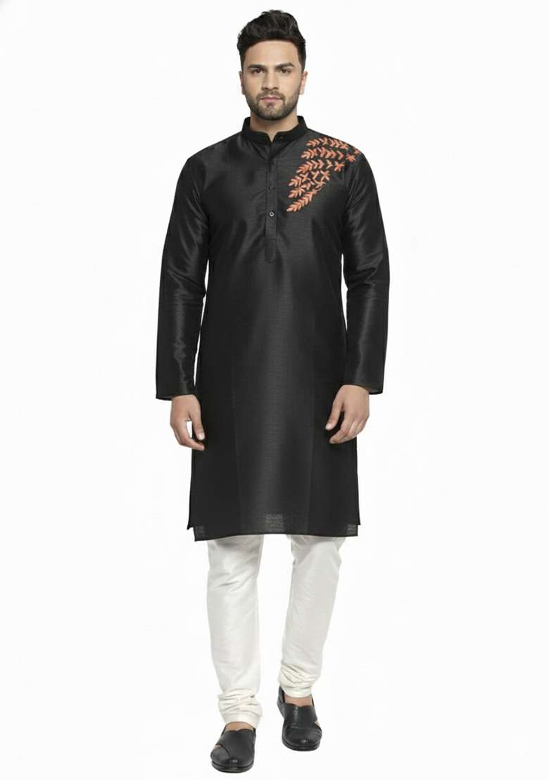 Black Embroidery Silk Blend Kurta Set For Men - Indya