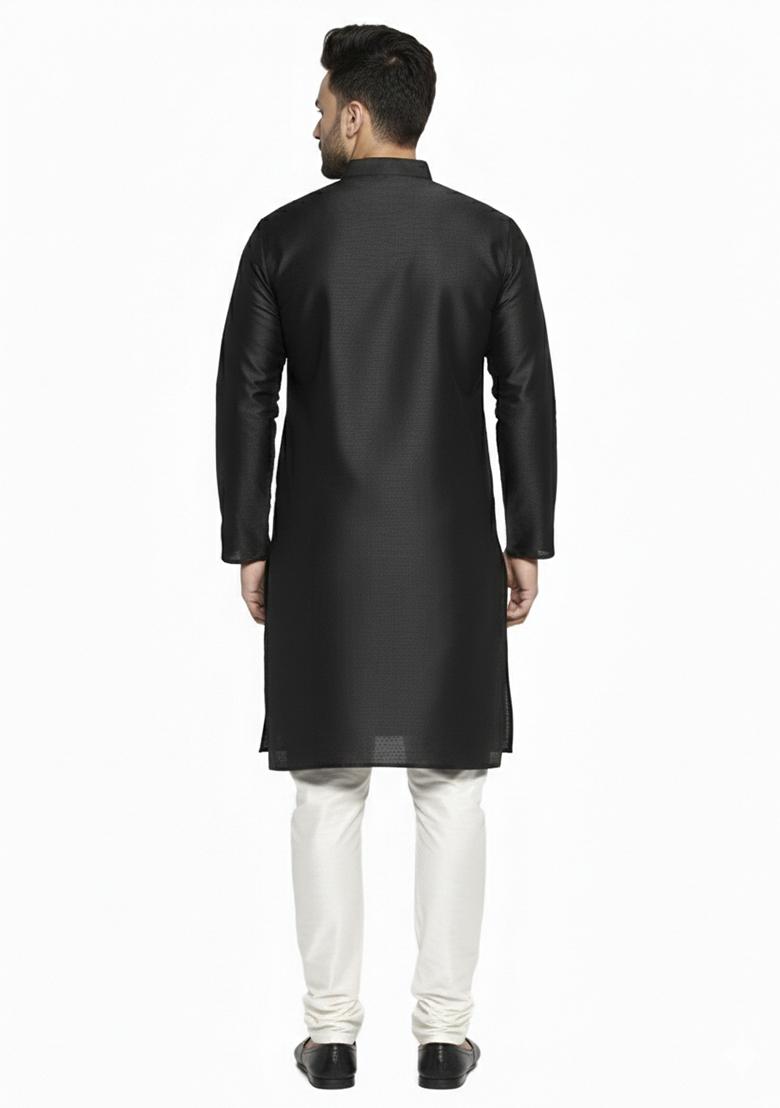 Black Embroidery Silk Kurta Set For Men - Indya