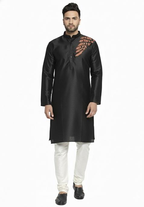 Black Embroidery Silk Blend Kurta Set For Men