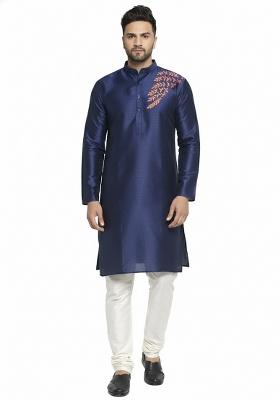 Navy Blue Embroidery Silk Kurta Set For Men