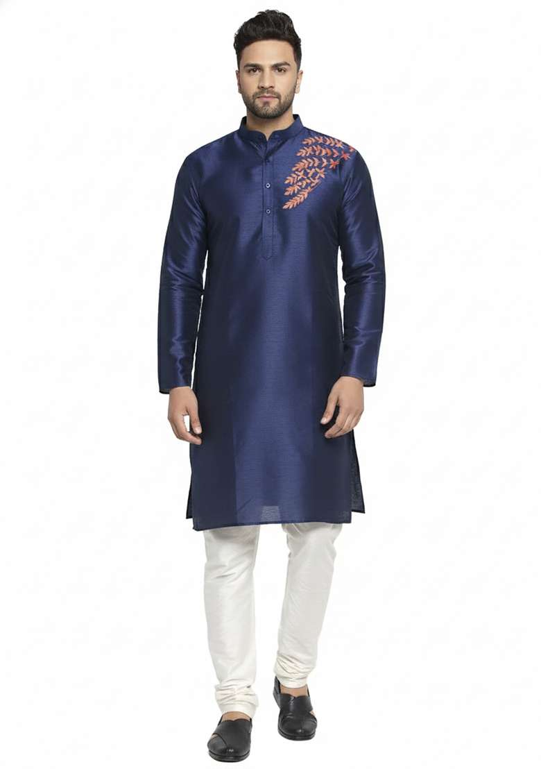 Navy Blue Embroidery Silk Blend Kurta Set For Men - Indya