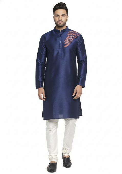Navy Blue Embroidery Silk Kurta Set For Men