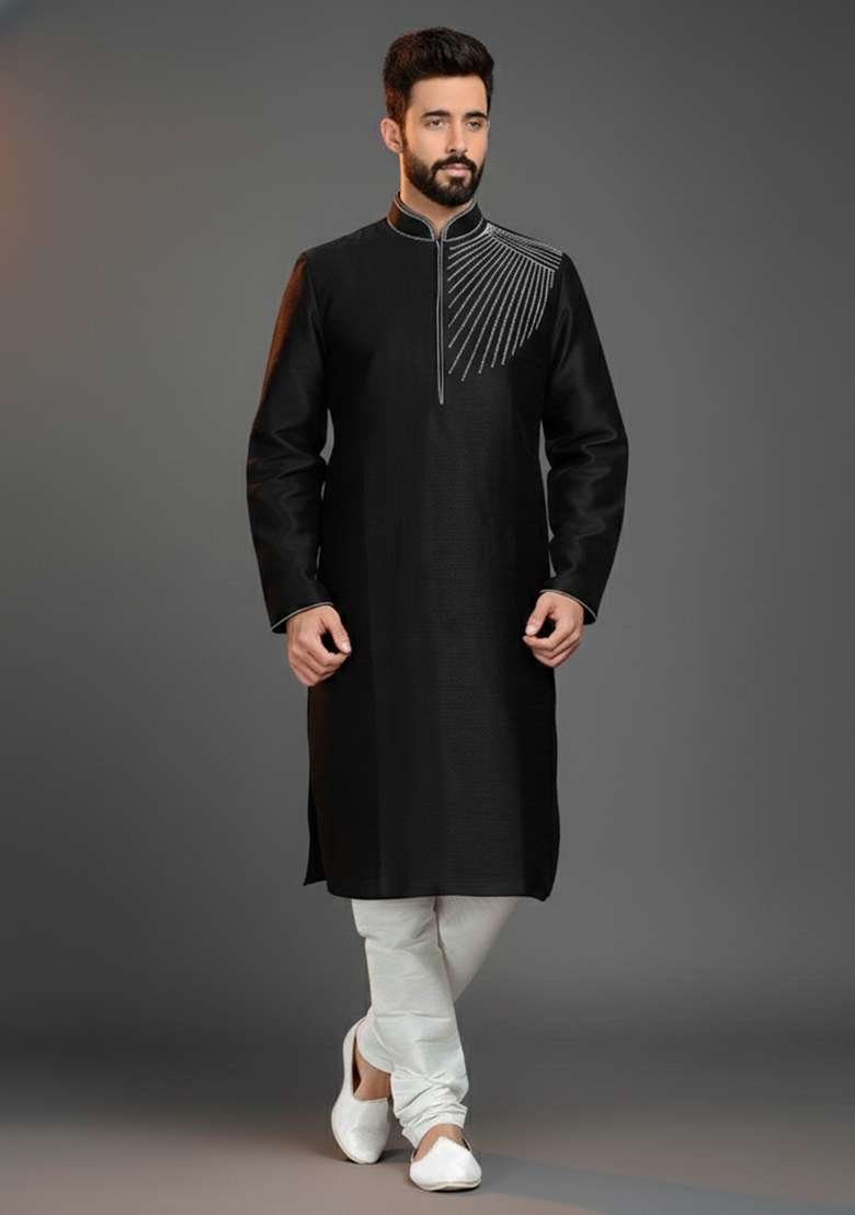 Black Embroidery Silk Blend Kurta Set For Men - Indya