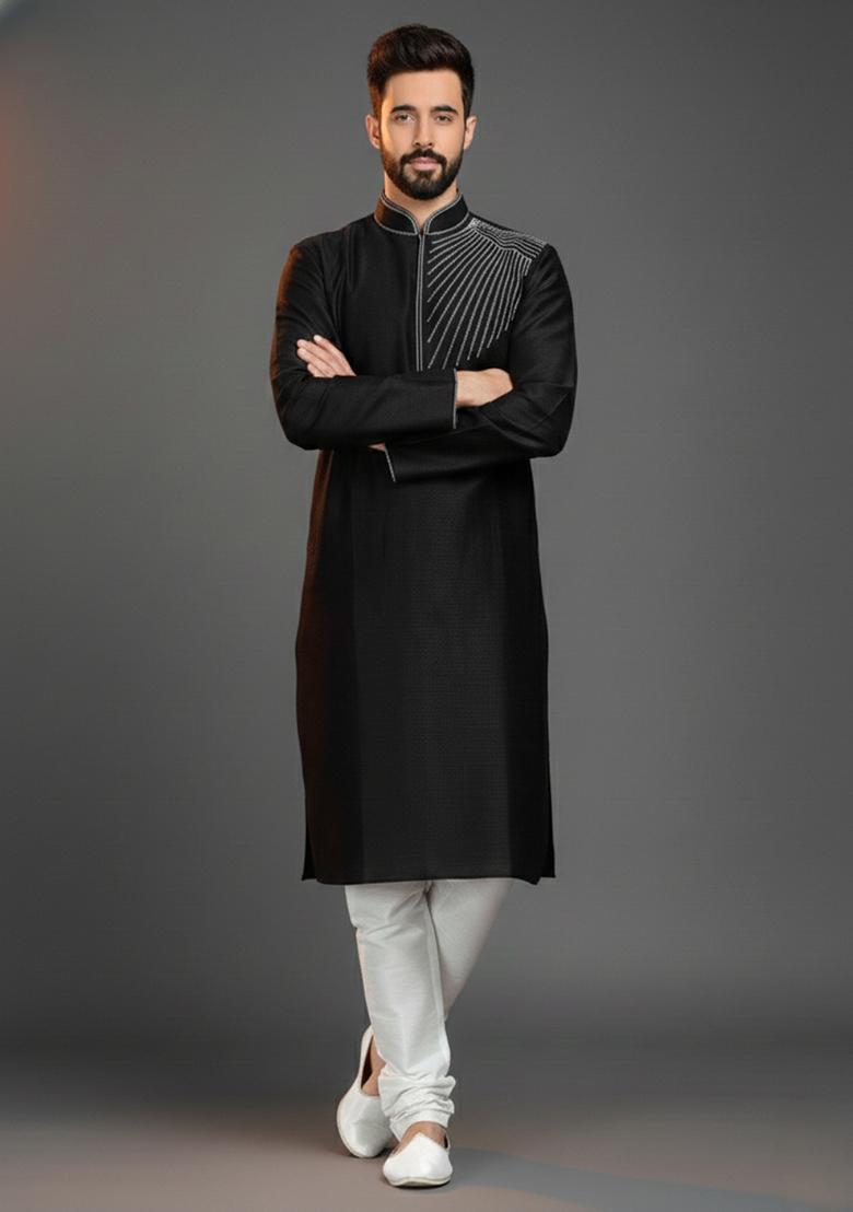 Black Embroidery Silk Kurta Set For Men - Indya
