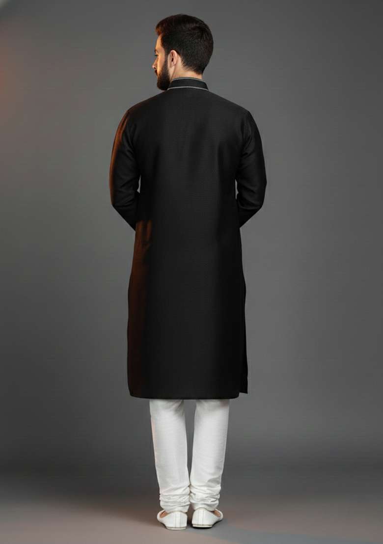 Black Embroidery Silk Blend Kurta Set For Men - Indya