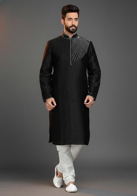 Black Embroidery Silk Blend Kurta Set For Men
