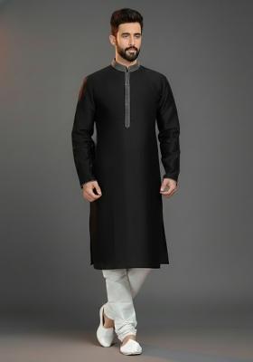 Black Embroidery Silk Kurta Set For Men