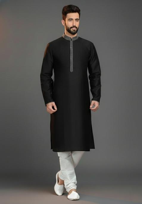 Black Embroidery Silk Blend Kurta Set For Men