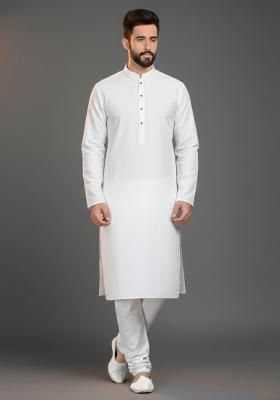 White Solid Cotton Kurta Set For Men