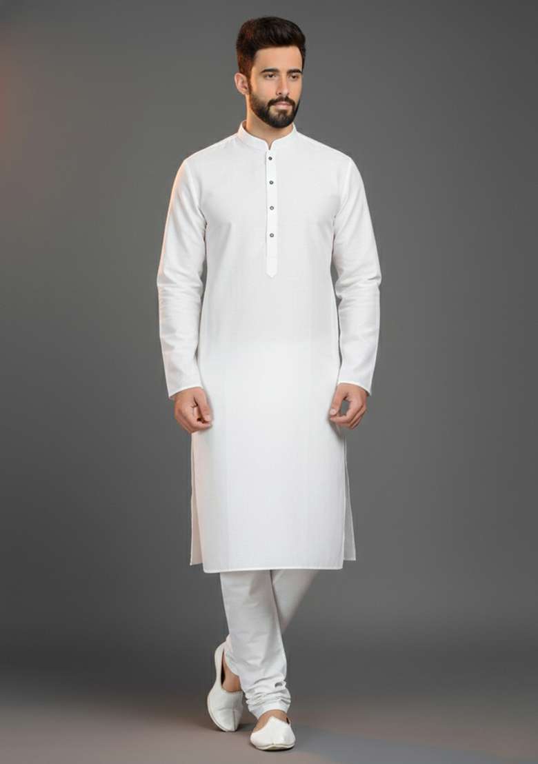 White Solid Cotton Kurta Set For Men - Indya