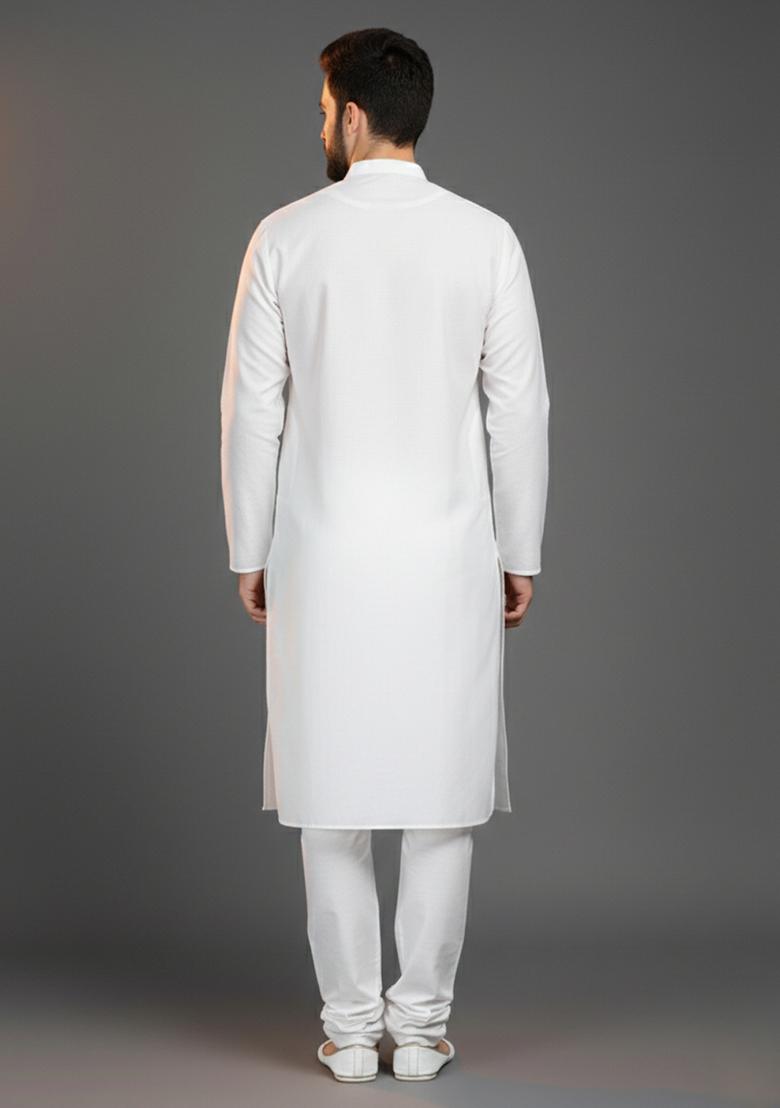 White Solid Cotton Kurta Set For Men - Indya