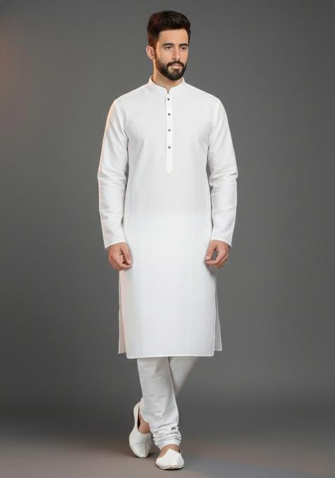 White Solid Cotton Kurta Set For Men