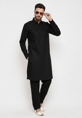Black Solid Cotton Kurta Set For Men