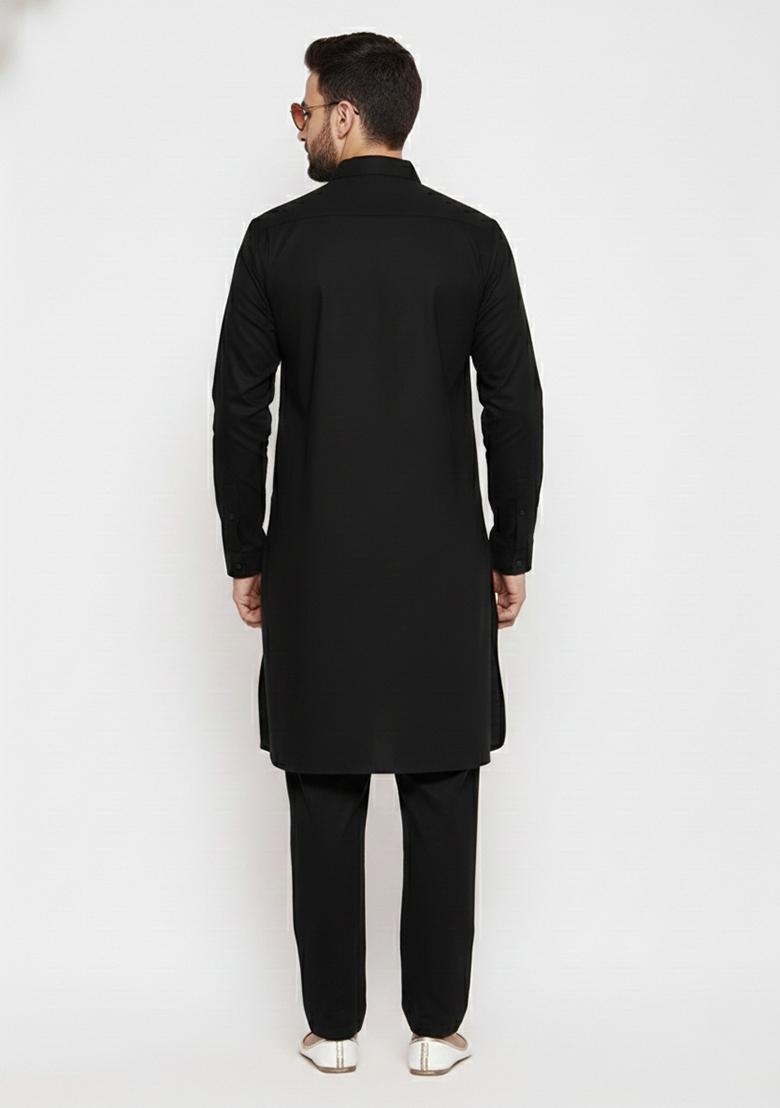 Black Solid Cotton Kurta Set For Men - Indya