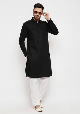 Black Solid Cotton Kurta Set For Men