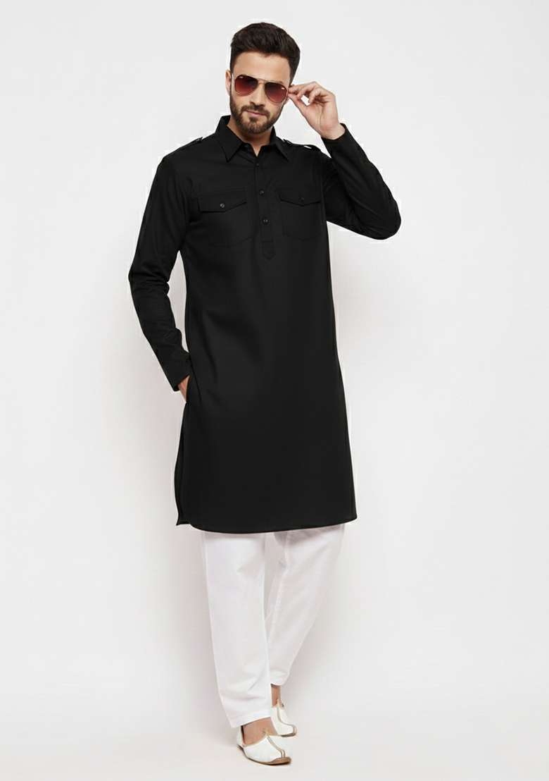 Black Solid Cotton Kurta Set For Men - Indya