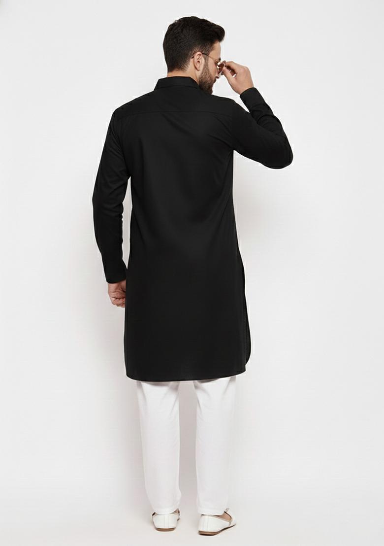 Black Solid Cotton Kurta Set For Men - Indya