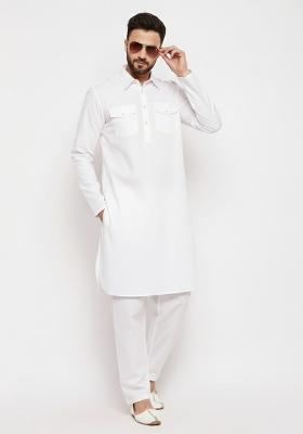 White Solid Cotton Kurta Set For Men