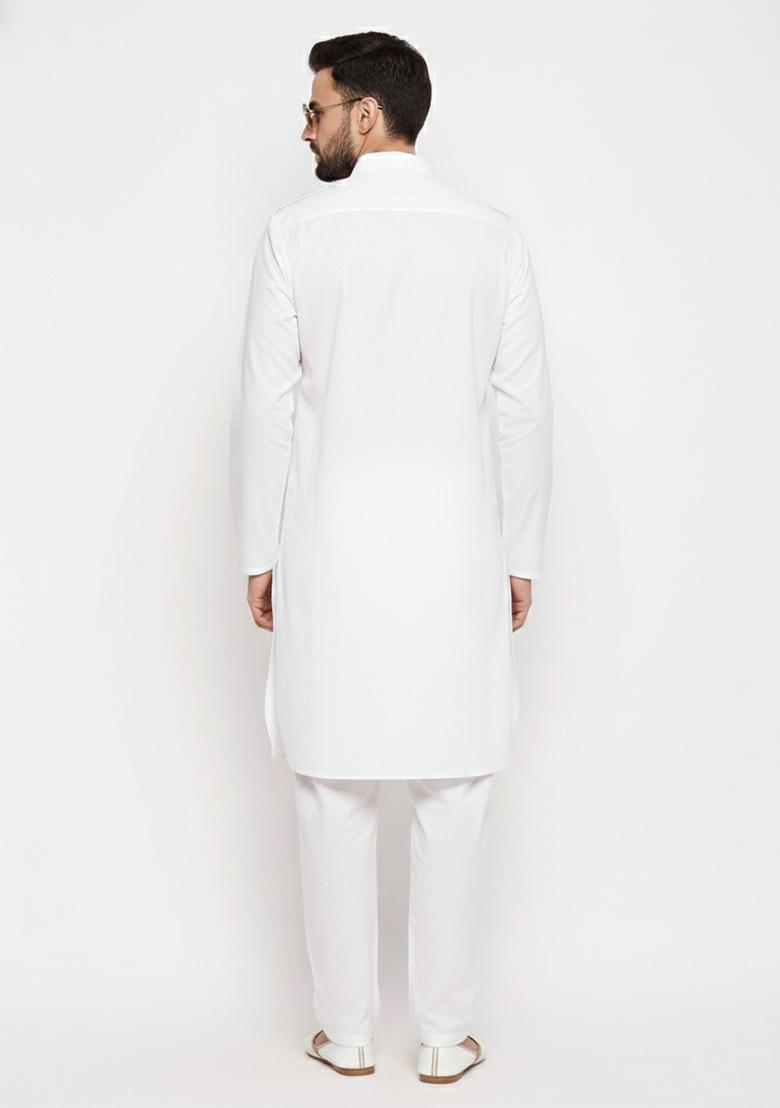 White Solid Cotton Kurta Set For Men - Indya