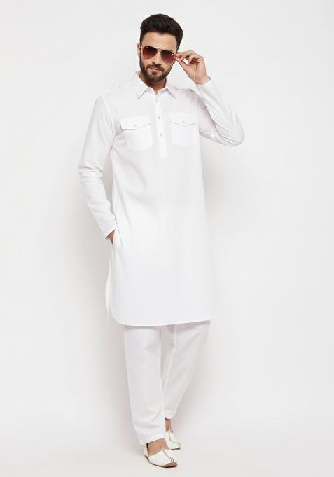 White Solid Cotton Kurta Set For Men