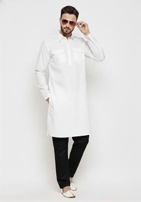 White Solid Cotton Kurta Set For Men