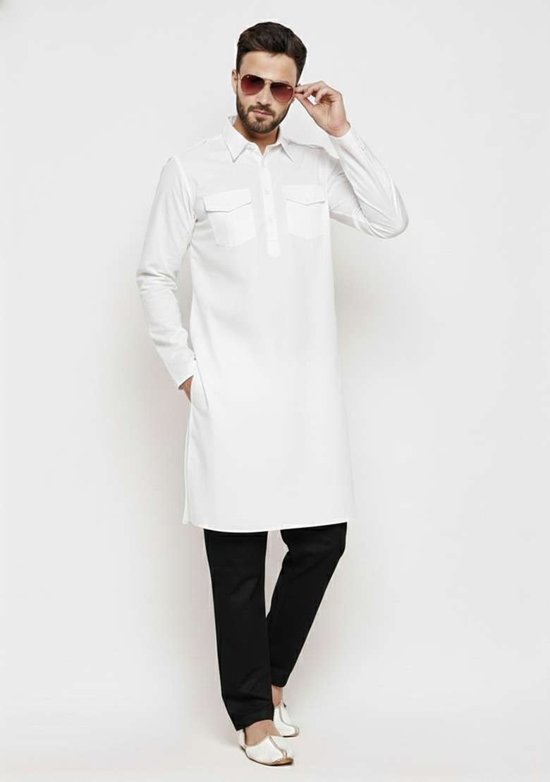 White Solid Cotton Kurta Set For Men - Indya
