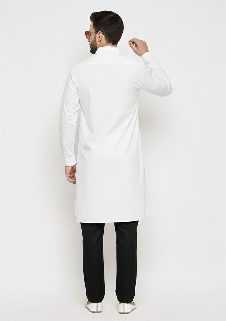 White Solid Cotton Kurta Set For Men - Indya
