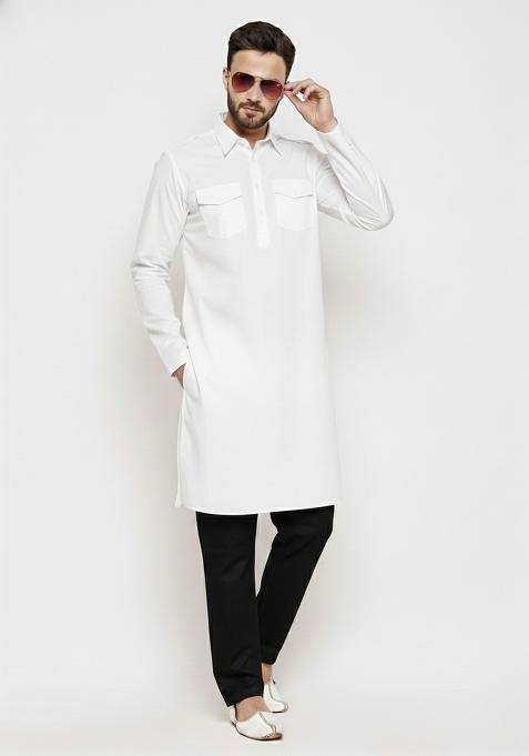 White Solid Cotton Kurta Set For Men
