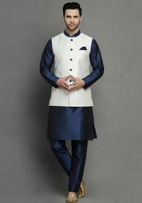 White And Navy Solid Silk Kurta Set For Men