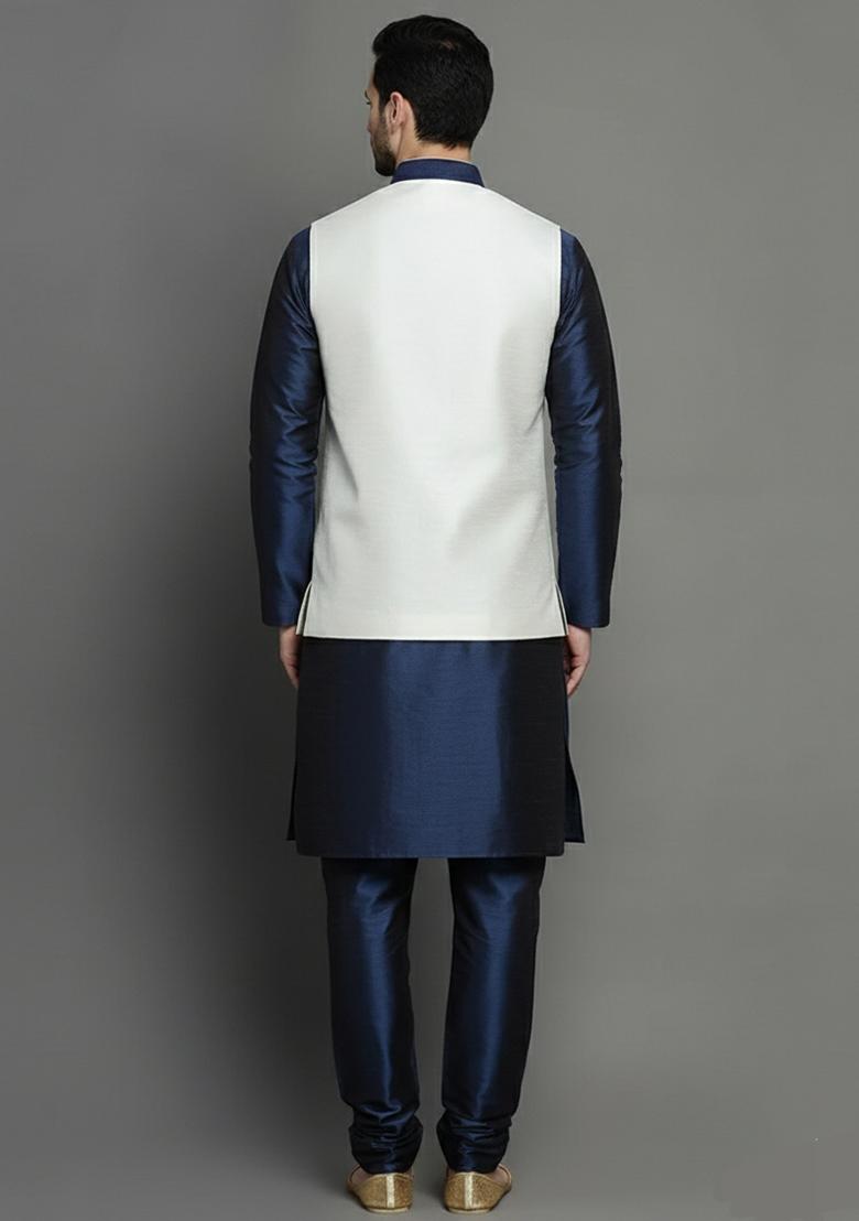 White And Navy Solid Silk Kurta Set For Men - Indya