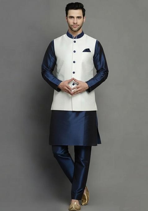 White And Navy Solid Silk Kurta Set For Men