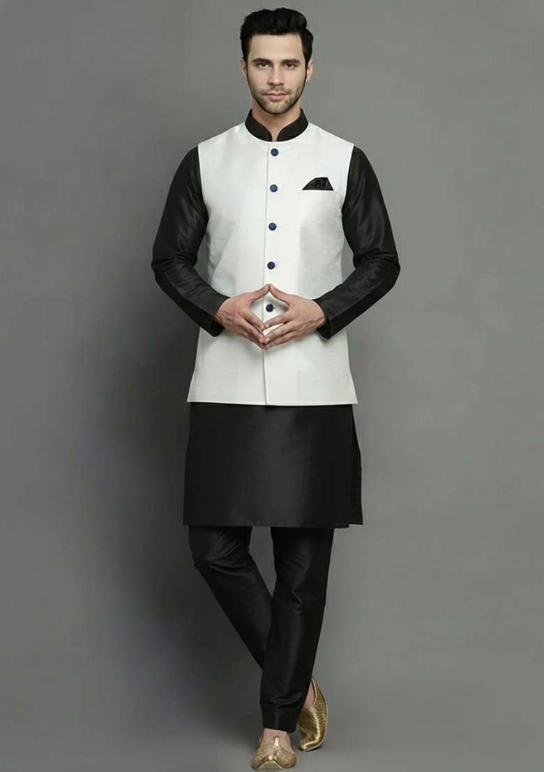 White And Black Solid Silk Blend Kurta Set For Men - Indya
