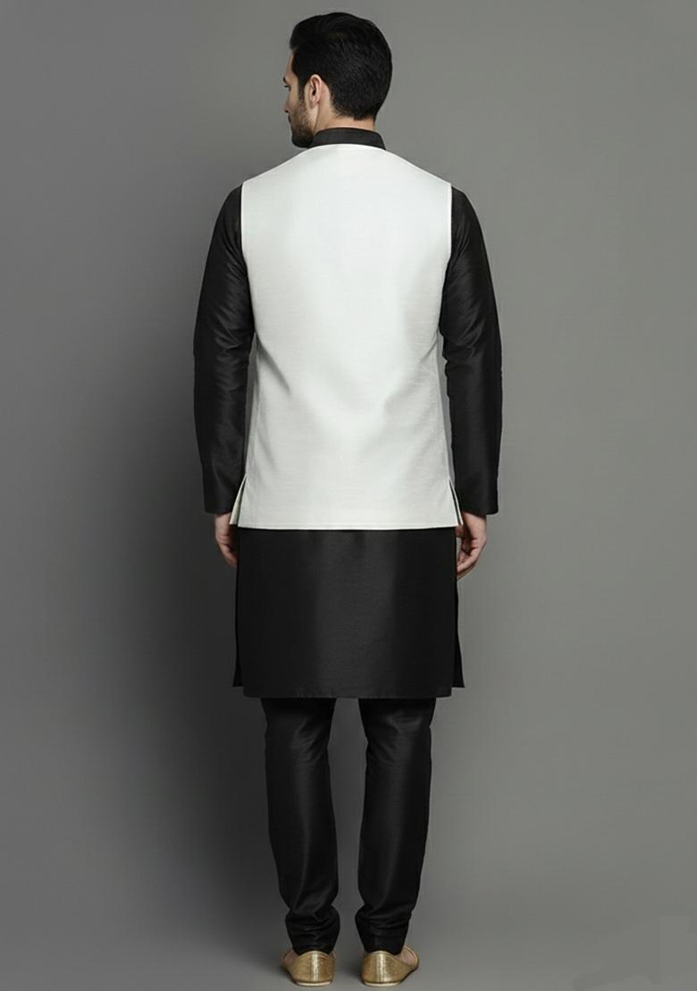 White And Black Solid Silk Kurta Set For Men - Indya