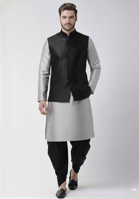 Black And Grey Solid Silk Kurta Set For Men