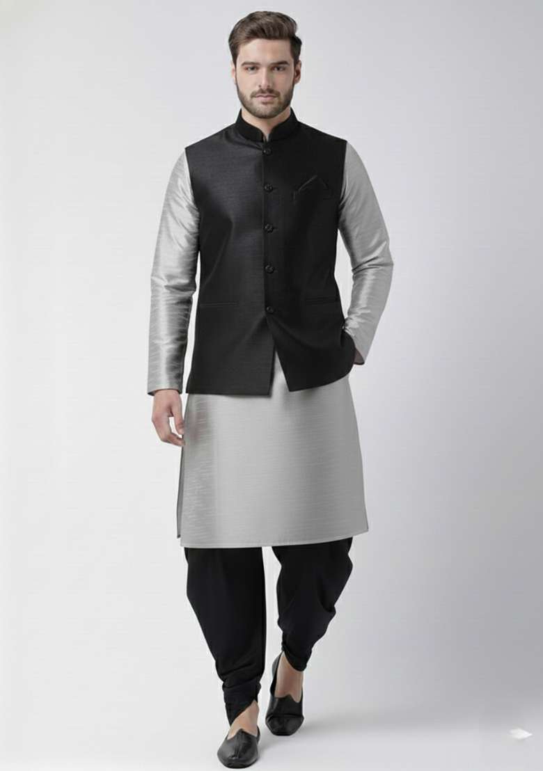 Black And Grey Solid Silk Blend Kurta Set For Men - Indya