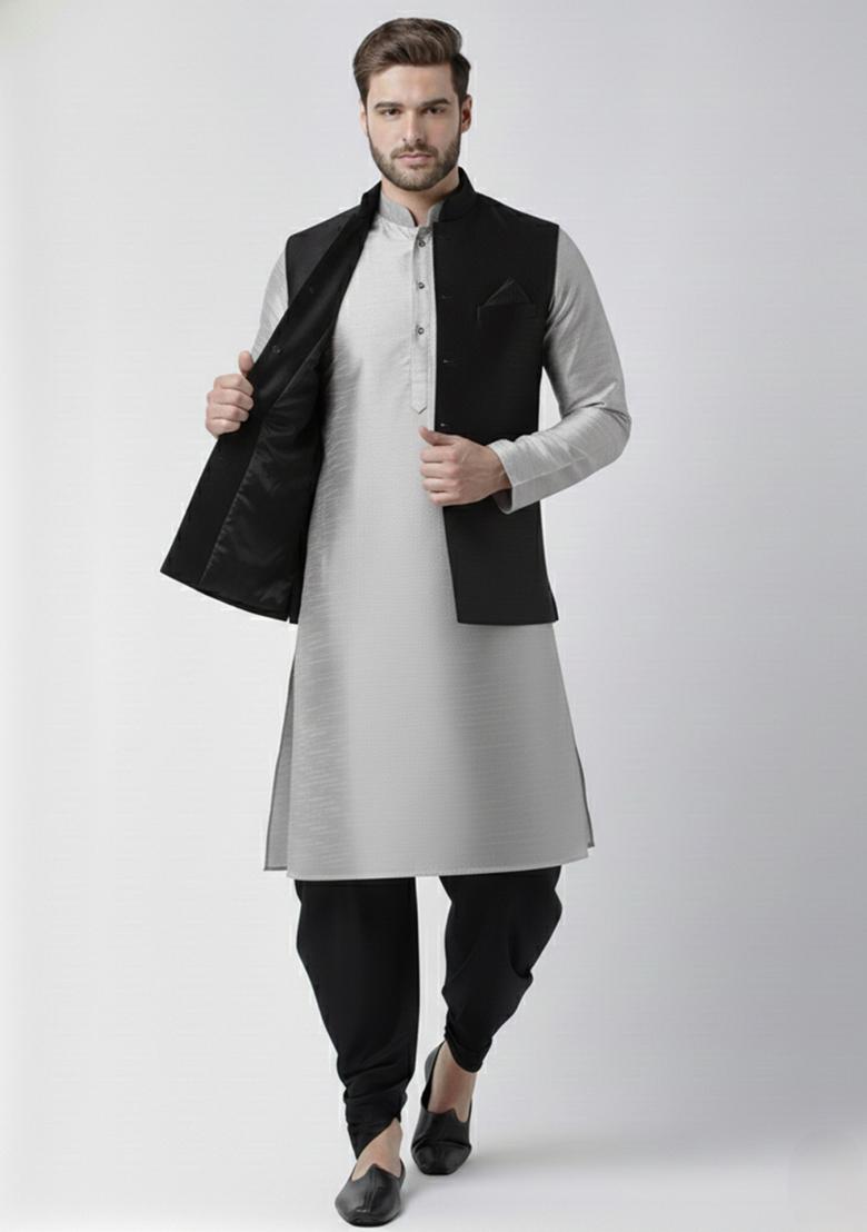 Black And Grey Solid Silk Kurta Set For Men - Indya