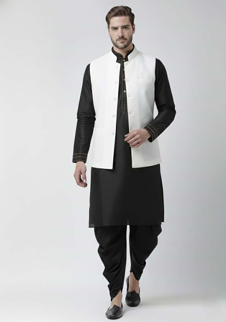 Black And White Solid Silk Blend Kurta Set For Men - Indya