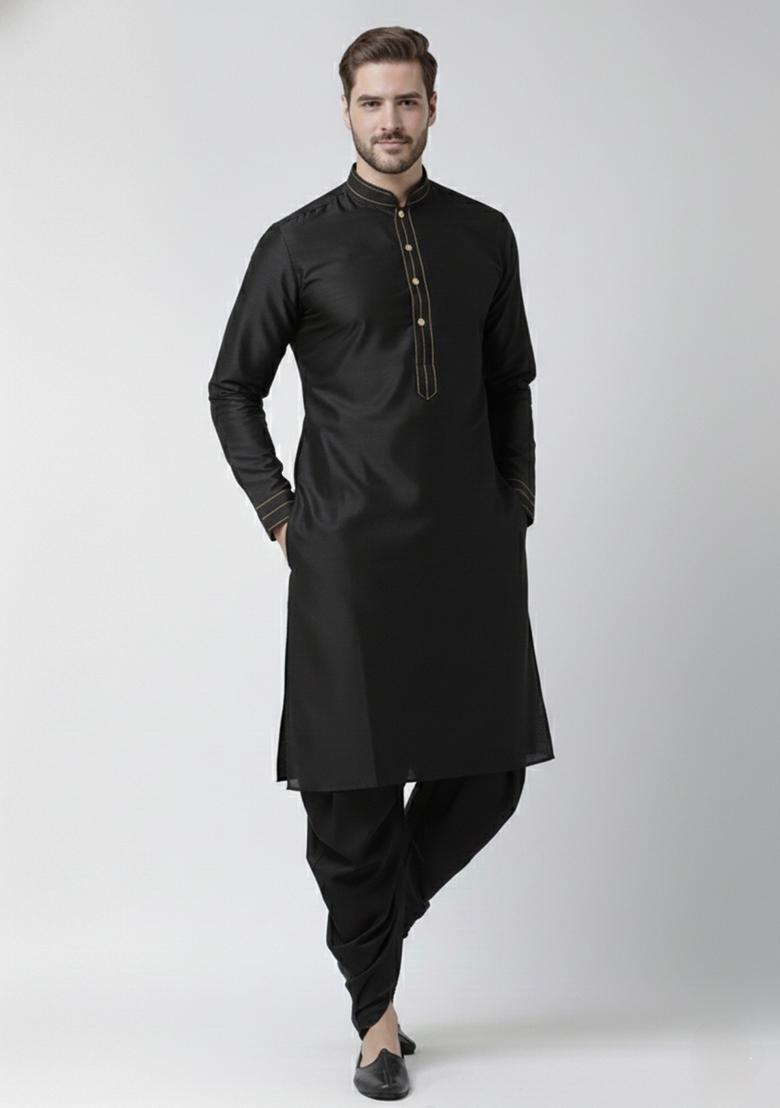 Black And White Solid Silk Kurta Set For Men - Indya