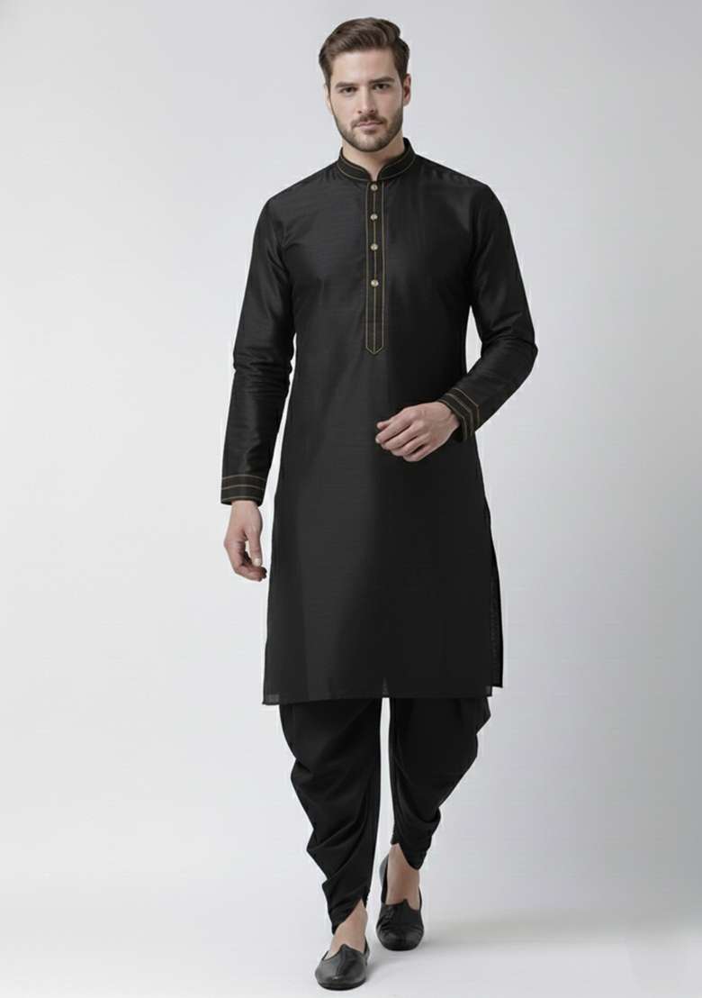 Black And White Solid Silk Blend Kurta Set For Men - Indya
