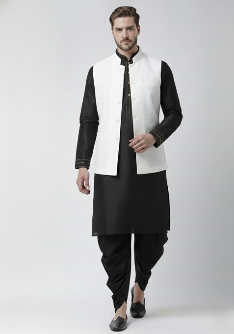 Black And White Solid Silk Kurta Set For Men