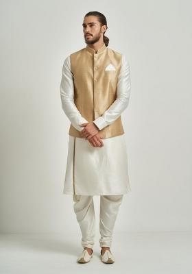 Golden Solid Silk Kurta Set For Men