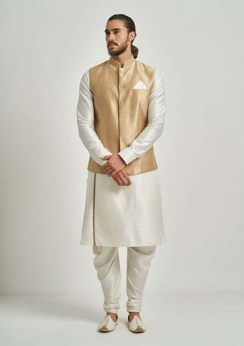 Golden Solid Silk Blend Kurta Set For Men - Indya