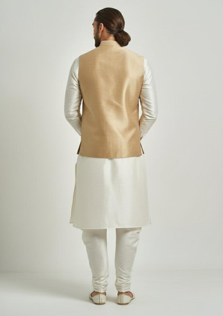 Golden Solid Silk Kurta Set For Men - Indya