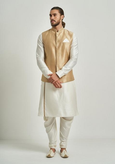 Golden Solid Silk Kurta Set For Men