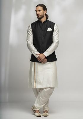 White And Black Solid Silk Kurta Set For Men