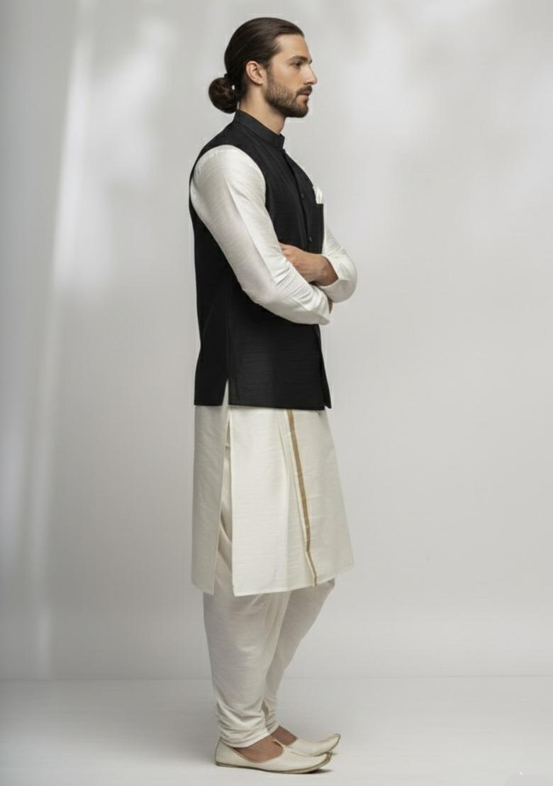 White And Black Solid Silk Kurta Set For Men - Indya