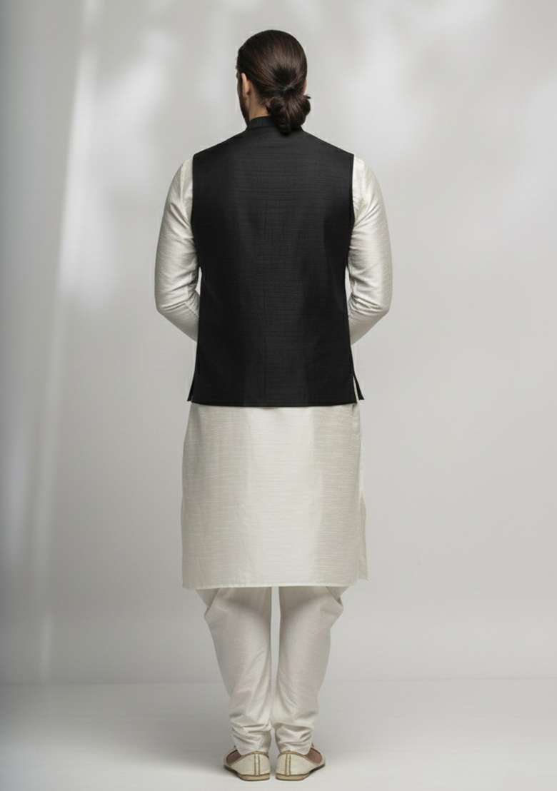 White And Black Solid Silk Blend Kurta Set For Men - Indya