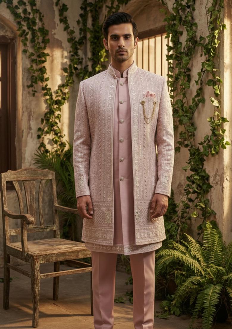 Pink Embroidery Silk Indo Western For Men - Indya