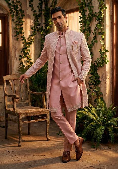 Pink Embroidery Silk Indo Western For Men