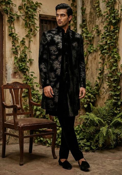 Black Embroidery Velvet Indo Western For Men